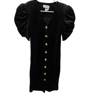 Vintage 80s 90s Jodi Michaels Black Velvet Pearl Button Puff Sleeve Dress Indie